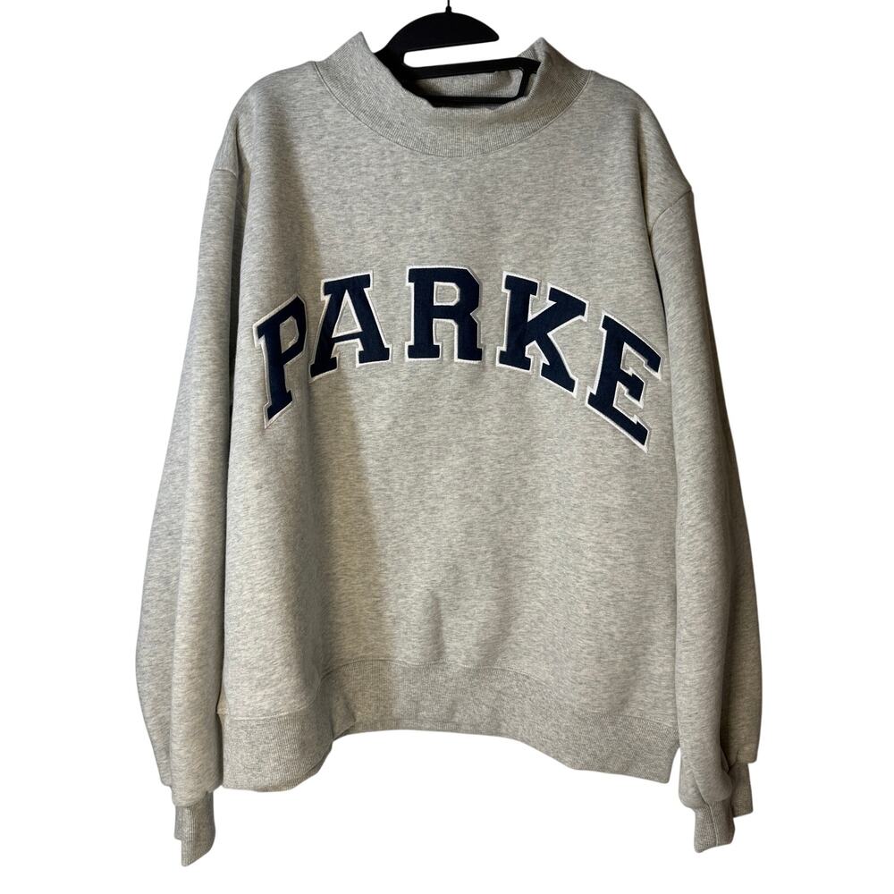 PARKE Mock Neck Sweatshirt Women's L/XL Gray Oversized Fleece Embroidered Logo